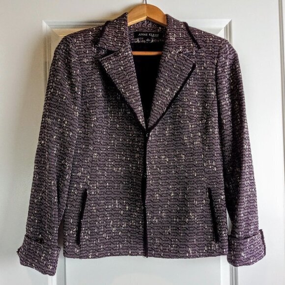 Anne Klein Purple Wool Metallic Tweed Fringed Blazer - Picture 1 of 7